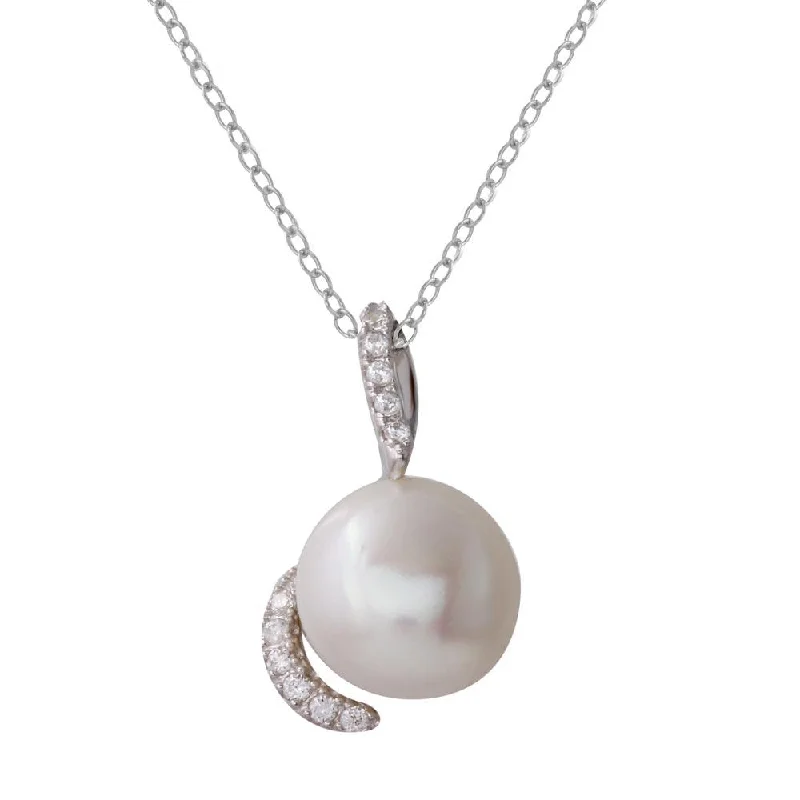 ladies necklaces casual-Rhodium Plated 925 Sterling Silver Fresh Water Pearl Necklace with Hooked CZ - BGP01220