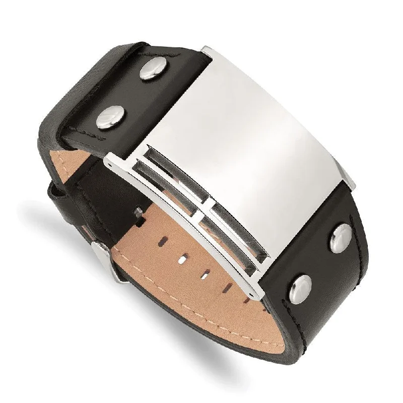 ladies bracelets everyday wear-Stainless Steel Polished Black Leather Buckle Bracelet