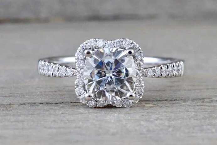 Ladies engagement rings adventure vibe -Lab Grown Diamond Clover Halo Cushion Moissanite Diamond Engagement Ring M3065