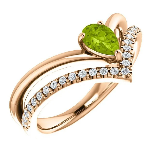 Ladies rings floral band -14KT GOLD  0.48 CT PERIDOT & 0.16 CTW DIAMOND NEGATIVE SPACE "V" RING