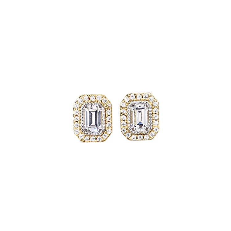 Ladies earrings rococo charm -Gold Vermeil and Platinum Finish Sterling Silver Micropave Octagon Earrings with Simulated Diamonds