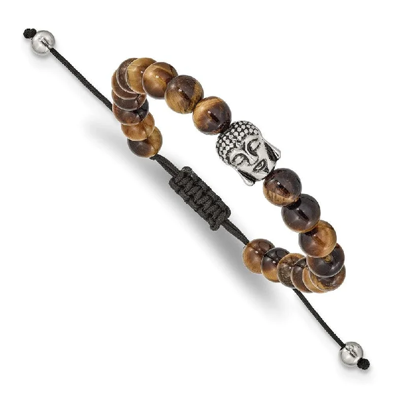 ladies bracelets bold-Stainless Steel Polished Tiger's Eye Buddha Adjustable Bracelet