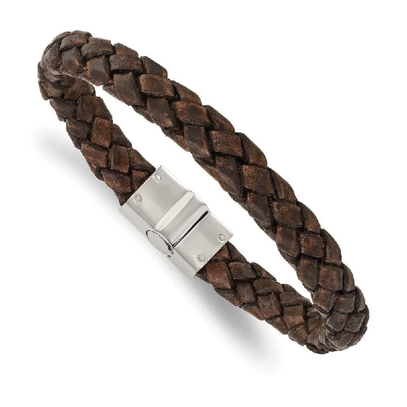 ladies bracelets top rated-Stainless Steel Polished Brown Woven Leather Bracelet