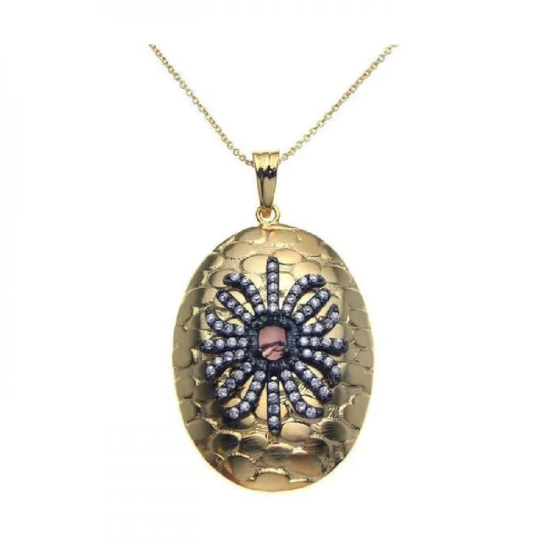 ladies necklaces layered-Clearance-Silver 925 Black Rhodium and Gold Plated Clear CZ Round Pendant Necklace - STP00949