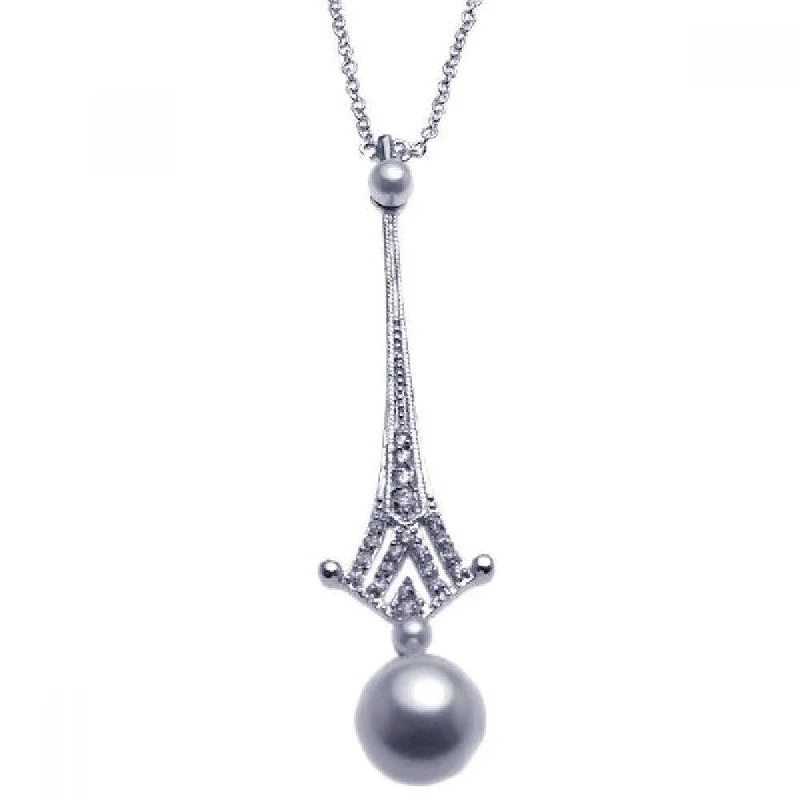 ladies necklaces timeless-Silver 925 Rhodium Plated Multi Pearl Clear CZ Drop Pendant Necklace - BGN00052