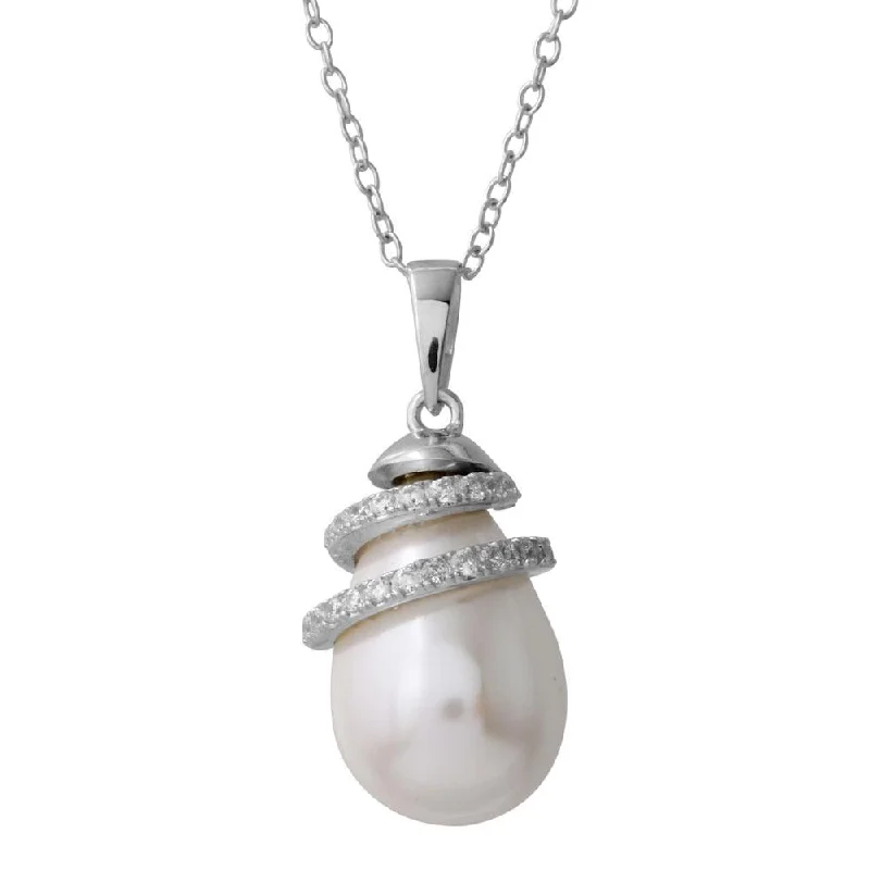 ladies necklaces winter-Rhodium Plated 925 Sterling Silver Fresh Water Pearl Necklace with Wrapped CZ - BGP01221