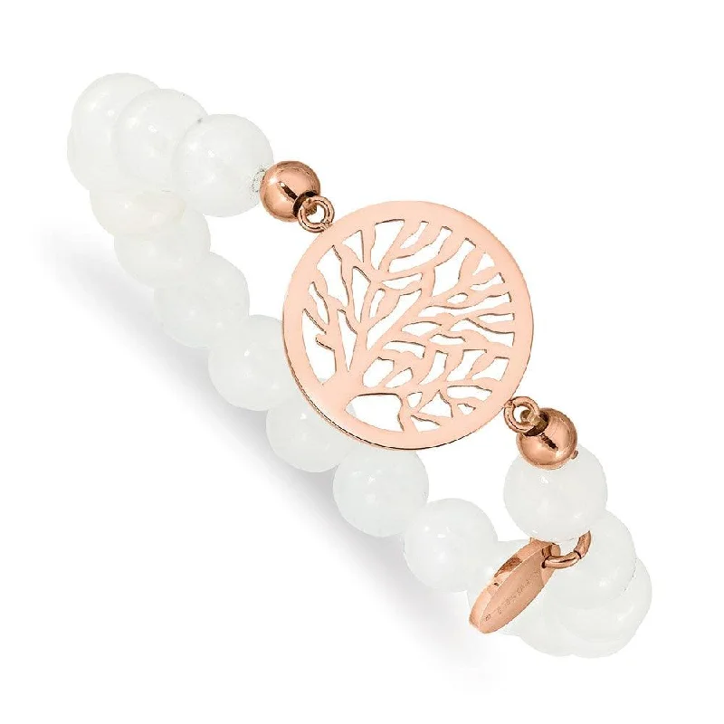 ladies bracelets forever-Stainless Steel Polished Rose IP-plated Tree White Jade Stretch Bracelet