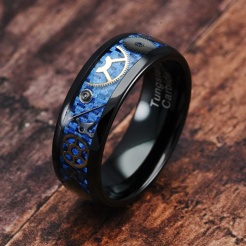 Ladies engagement rings art deco -Black Tungsten Rings for Men Watch Gear Blue Carbon Fiber Inlaid  Wedding Band Promise Engagement Anniversary Size 6-16