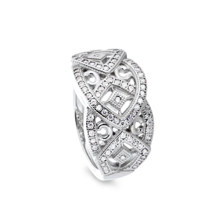 Ladies rings royal elegance -Platinum Finish Sterling Silver Micropave Art Deco Ring with 73 Simulated Diamonds