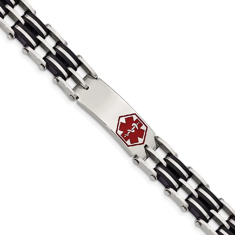 ladies bracelets glamorous-Stainless Steel Black Rubber Red Enamel 8.25in Medical Bracelet