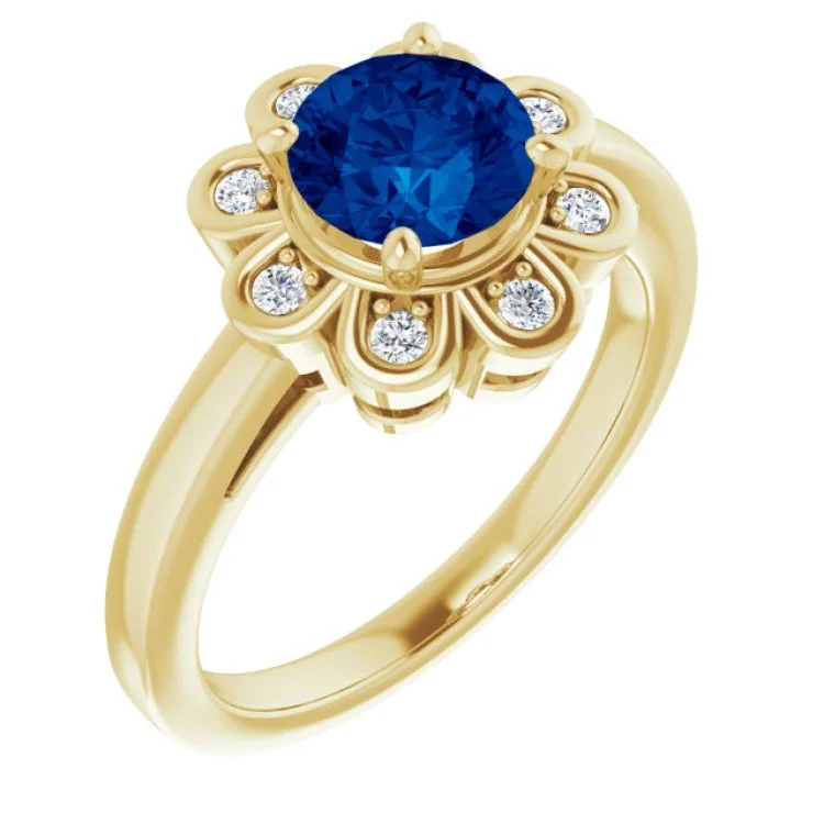 Ladies rings bold statement -14K Yellow Lab-Grown Blue Sapphire & 1/8 CTW Natural Diamond Ring