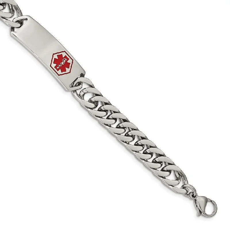 ladies bracelets cartier-Stainless Steel Polished with Red Enamel 8.5in Medical ID Bracelet