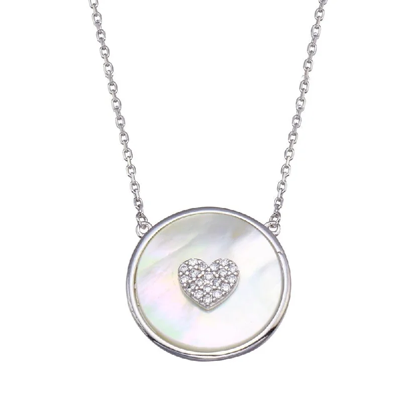 ladies necklaces jared-Rhodium Plated 925 Sterling Silver Mother Of Pearl Disc with CZ Heart Necklace - GMN00101