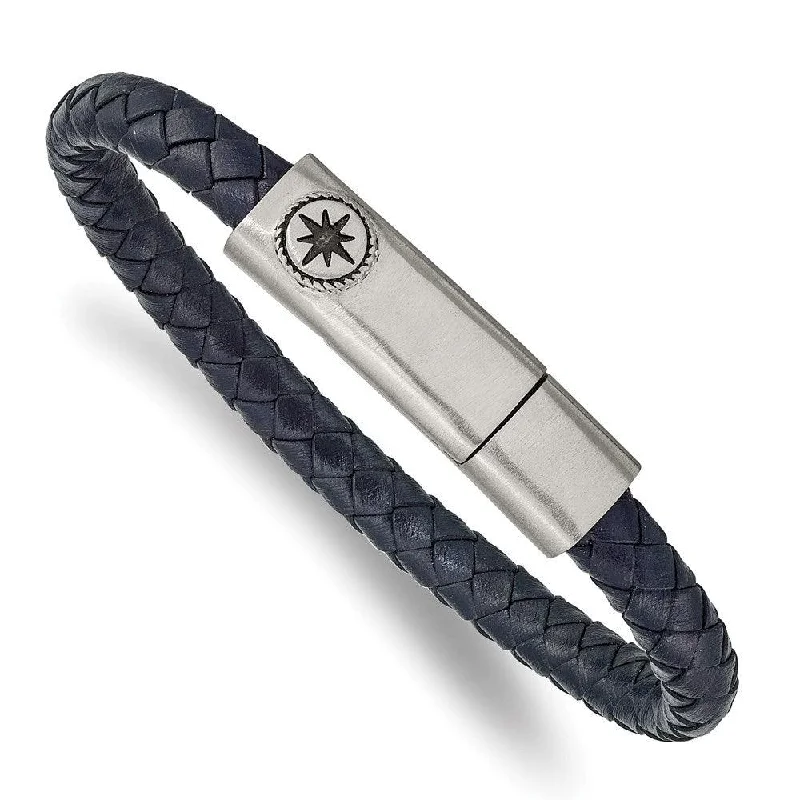 ladies bracelets holiday-Stainless Steel Brushed and Oxidized Blue Leather Compass 8in Bracelet