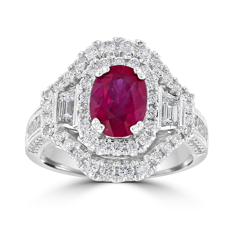 Ladies rings hope symbol -18KT GOLD 1.86 CT RUBY & 1.33 CTW DIAMOND DOUBLE HALO RING